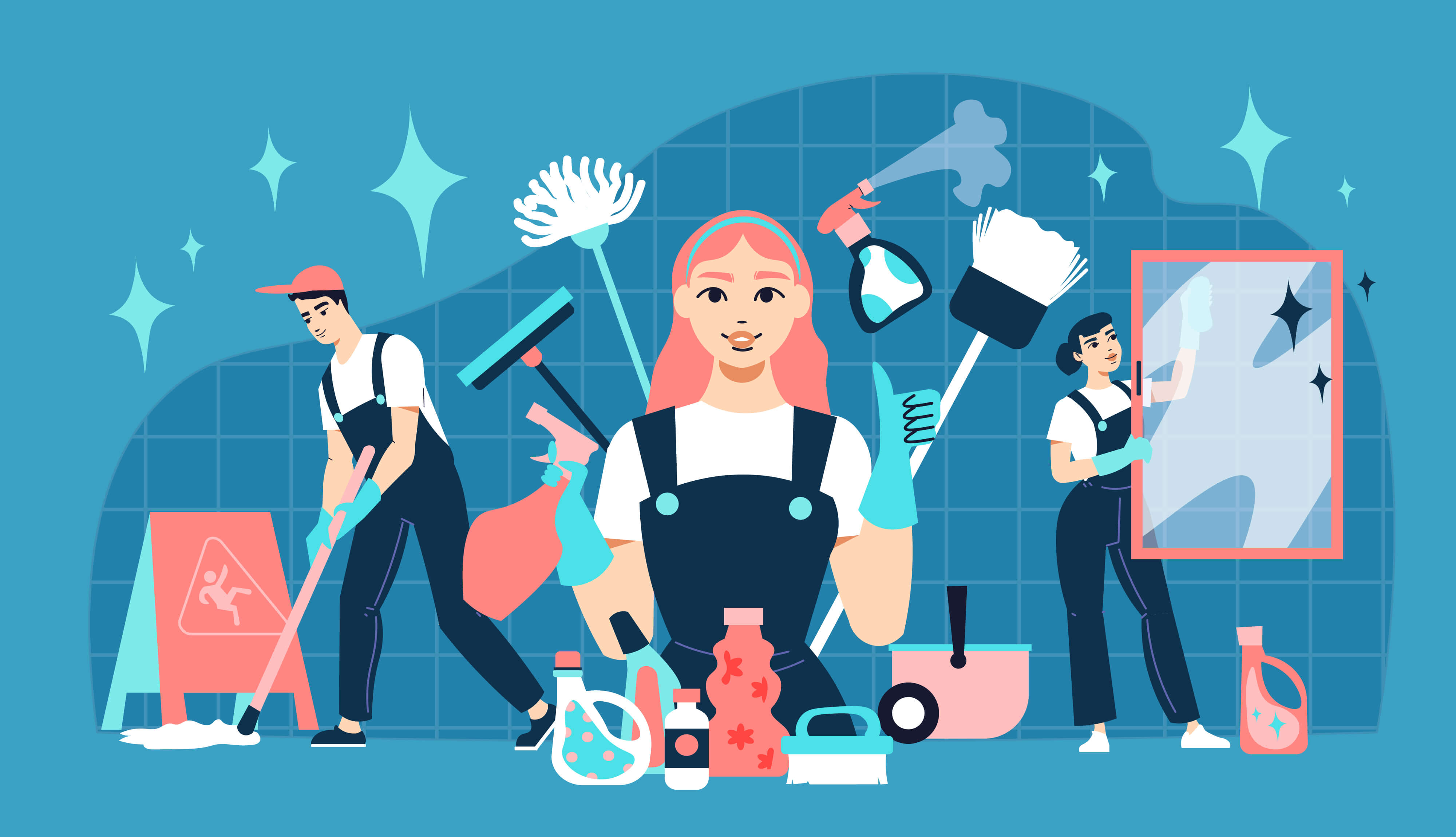 animated photo of female cleaner and her team cleaning room with a lots of cleaning equipment in blue backround